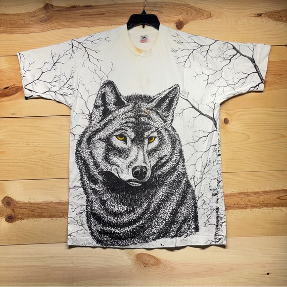 Fruit of the Loom Other - Vintage‎ Wolf All Over Print Shirt Mens XL White Black ADA Single Stitch